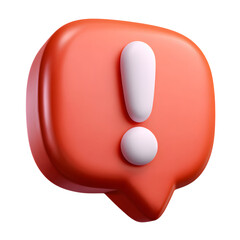A vibrant 3d rendered orange speech bubble with a prominent white exclamation mark inside symbolizing important alerts or notifications against a stark black background