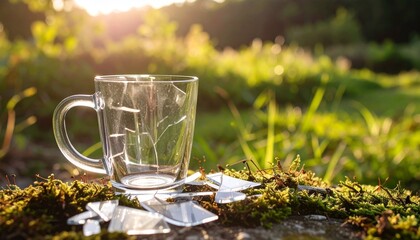 A clear glass mug sits beside shattered glass pieces on lush green moss, bathed in golden forest light—symbolizing fragility, contrast, and nature’s quiet resilience.