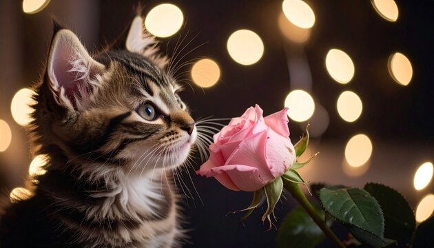 A curious tabby kitten gently sniffs a pink rose on a cozy white blanket, surrounded by warm string lights that create a dreamy, magical atmosphere.