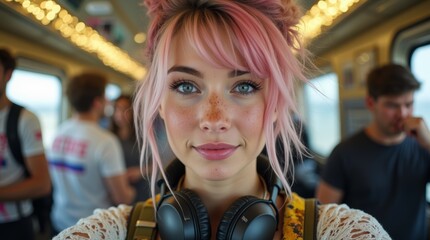 Fototapeta premium woman with pink hair and headphones traveling on the train