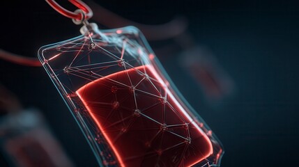 Innovative futuristic glass container with glowing red liquid and network pattern overlay in scientific laboratory setting with dark background
