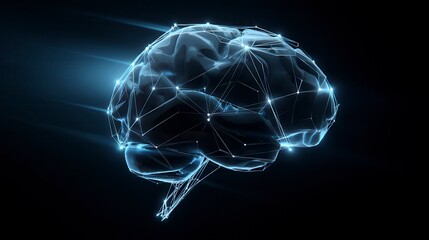 Innovative digital brain visualization with glowing network connections against dark background, representing artificial intelligence and neuroscience technology advancement with free copy space