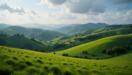Fototapeta premium Beauty of Rolling Green Hills Beneath a Partly Cloudy Sky—A Picturesque Countryside Scene Featuring Lush Grass, Scattered Trees, and Soft Afternoons, 8K image 