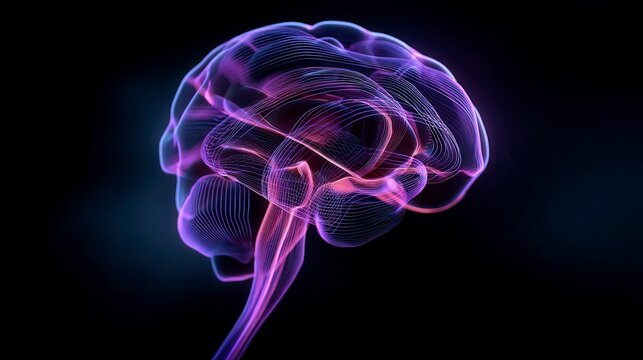 Futuristic glowing digital brain visualization with purple and blue neon lines against black background showcasing neural networks in neuroscience research and AI technology