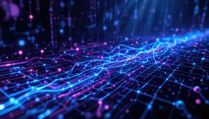Fototapeta premium “Futuristic AI tech background with glowing neural pathways, quantum-inspired circuits, and holographic grids in neon gradients of blue and purple.” 
