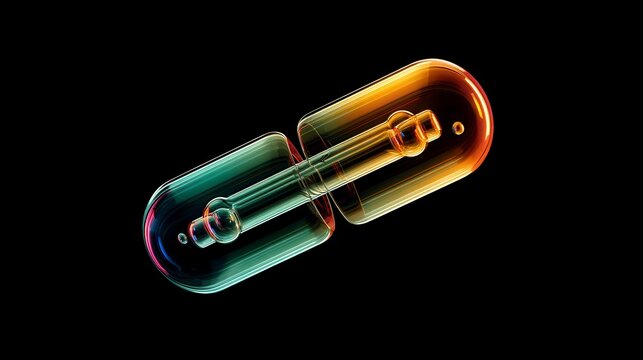 Vibrant 3D rendering of colorful pharmaceutical capsule with orange and teal gradient effect against black background, modern medical concept with free copy space for text - Powered by Adobe