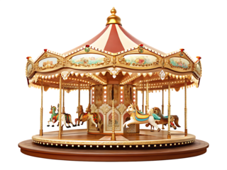 Ornate carousel with painted horses isolated on a transparent background
