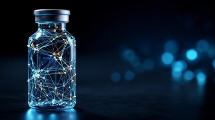 Innovative medical vial with glowing blue network pattern inside glass container against dark background with bokeh lights, pharmaceutical technology concept with free copy space