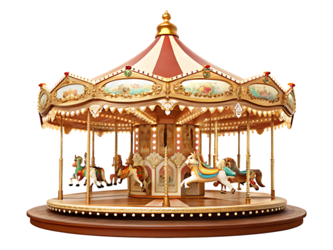 Ornate carousel with painted horses isolated on a transparent background