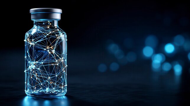 Innovative medical vial with glowing blue network pattern inside glass container against dark background with bokeh lights, pharmaceutical technology concept with free copy space