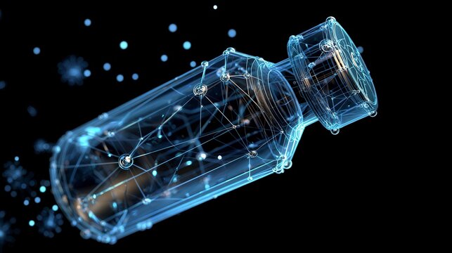 Innovative digital 3D rendering of transparent bottle with network connections against black background showcasing advanced technology in beverage industry or pharmaceutical research - Powered by Adobe