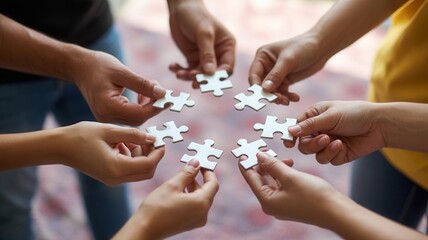 Teamwork and collaboration with hands holding puzzle pieces, symbolizing unity, problem-solving, and business solutions