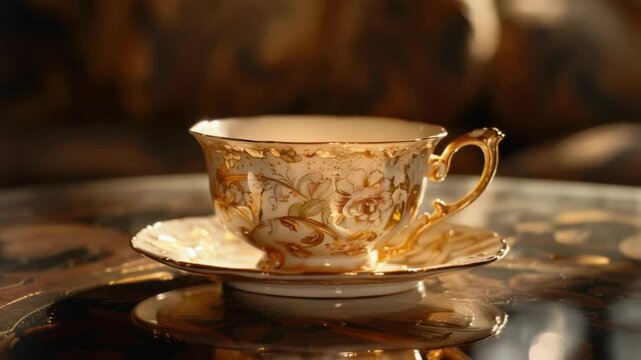 A ceramic cup and saucer sitting on a wooden table, perfect for serving tea or coffee