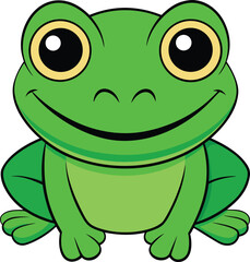 Fototapeta premium Cheerful cartoon frog sits patiently, displaying large eyes and a wide smile, with transparent background