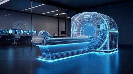 Futuristic MRI scanner visualization with glowing blue wireframe design in modern medical imaging facility with brain scans displayed on multiple monitors in darkened hospital radiology department
