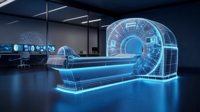 Futuristic MRI scanner visualization with glowing blue wireframe design in modern medical imaging facility with brain scans displayed on multiple monitors in darkened hospital radiology department