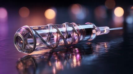 Elegant glass tube with metallic wire wrap on reflective surface against purple bokeh background in scientific laboratory setting with free copy space