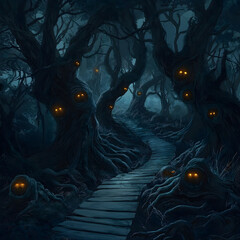 erwunschener Wald in der D&auml;mmerung mit verdrehten B&auml;umen, leuchtenden Augen im Dunkeln und altem Holzpfad, der geheimnisvoll in unheimliche Schatten f&uuml;hrt &ndash; mystische Halloween-Szenerie