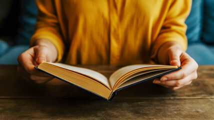 A person wearing a mustard yellow sweater holds open an old worn book on a wooden table