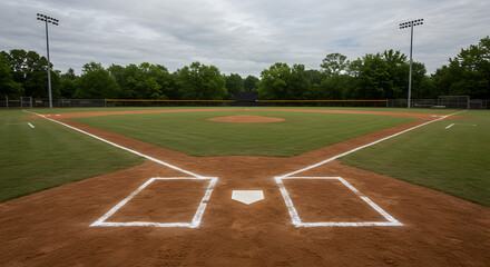 Wide-angle shot of an empty baseball field seen from the batter’s box with fresh chalk lines on brown turf under cloudy skies, creating a cinematic and anticipatory mood.
