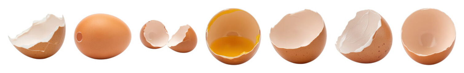 Brown egg set including whole, cracked, open with yolk, and shell fragments isolated. Food ingredient and cooking elements.