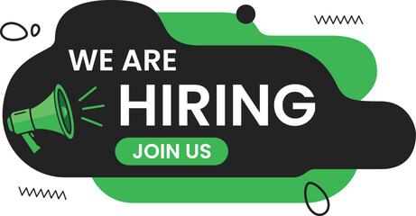 We are hiring banner with modern green and black abstract background featuring megaphone job vacancy announcement recruitment notice template for business and career opportunities