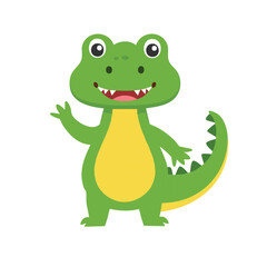 A cute green cartoon crocodile with a friendly wave and a cheerful smile