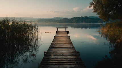 Obraz premium Serene wooden dock extending over calm lake water at sunset near lush green shoreline