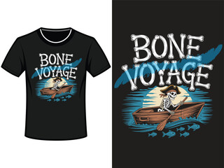 Pirate skeleton sailing a boat under a full moon with the words bone voyage