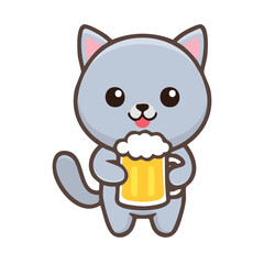 A cute cartoon cat enjoying a beer. The cat's expression is happy and cheerful, making the image a perfect blend of fun and adorable