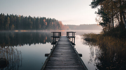 Obraz premium Serene dock overlooking calm lake at dawn surrounded by autumn foliage in a tranquil forest setting