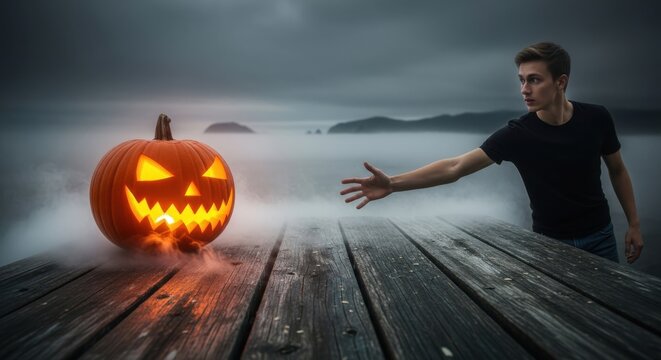 Man reaching for a glowing jackolantern in a foggy, mysterious outdoor setting at night
