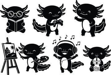Fototapeta premium Cute axolotl silhouettes engaging in various fun activities and hobbies