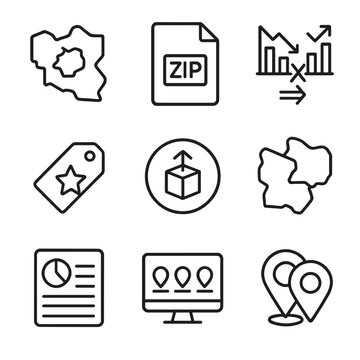 Franchise Territory Icons. Line style icons of Franchise Territory Management: Assigned region map icon, zip code file, territory
