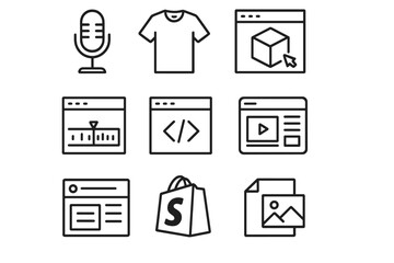 Freelance Tools Icons. Line style icons of freelance niche tools: podcast mic, merch mockup, 3D model, motion timeline, script