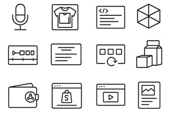 Freelance Tools Icons. Line style icons of freelance niche tools: podcast mic, merch mockup, 3D model, motion timeline, script