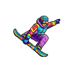 Obraz premium Pixel art illustration of a snowboarder in colorful winter gear performing a jump.