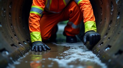 Worker in bright orange safety suit with reflective stripes crouches in a dark concrete pipe with flowing water and debris on the ground