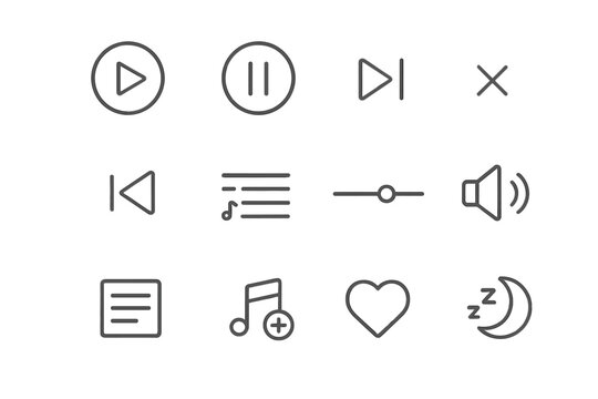 Podcast Interface Icons. Line style icons of podcast listener interface: play button, pause icon, skip forward, playback speed - Powered by Adobe