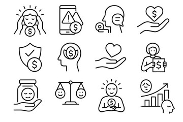 Finance and Mental Health Icons. Line style icons of finance and mental health: money stress icon, emotional spending alert,
