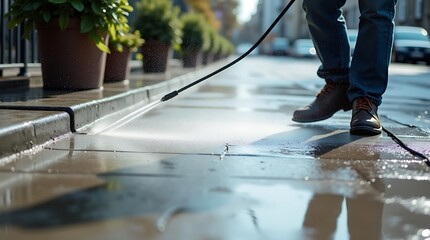 Close up of a person pressure washing a sidewalk and steps on a sunny day with plants and buildings in the background