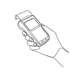 Hand holding a portable credit card payment terminal with receipt