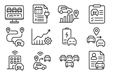 EV Management Icons. Line style icons of EV fleet management: fleet dashboard icon, charge schedule system, vehicle utilization