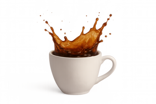 Coffee splashing out of a white cup on a transparent background, perfect for coffee-themed projects