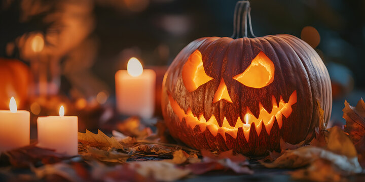 Nahaufnahme eines geschnitzten Halloween-K&uuml;rbis mit gruseligem Grinsen, von innen leuchtend, neben flackernden Kerzen und Herbstbl&auml;ttern &ndash; stimmungsvolle Halloween-Dekoration