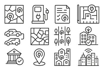 EV Urban Planning Icons. Line style icons of EV urban planning visuals: EV zoning map, charger station proposal, planning permit