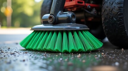 Close up of a bright green rotary brush attachment for a pressure washer or cleaning machine resting on a wet surface with debris