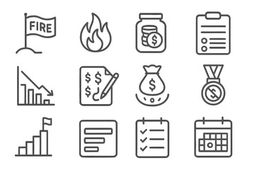 Financial Independence Icons. Line style icons of financial independence: early retirement flag, fire movement icon, savings rate