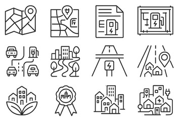 EV Urban Planning Icons. Line style icons of EV urban planning visuals: EV zoning map, charger station proposal, planning permit