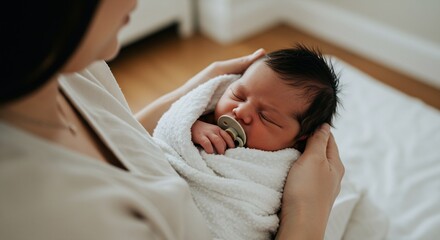Gentle Embrace: A Newborn Baby Swaddled in a Soft Blanket, Held Tenderly by a Loving Mother, Capturing the Serene Bond of Motherhood and Infant Care